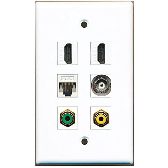 RiteAV - 2 HDMI 1 Port RCA Yellow 1 Port RCA Green 1 Port BNC 1 Port Cat5e Ethernet White Wall Plate