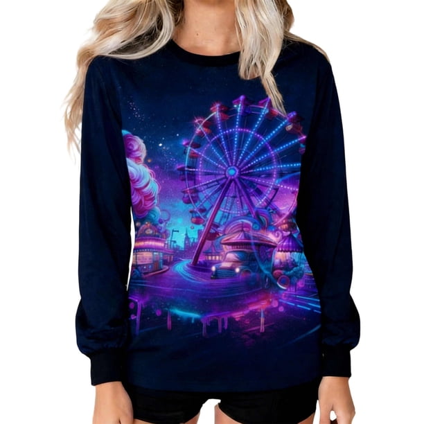 Camiseta con Capucha de Manga Larga de Cuello Redondo de Impresión de Carnaval Casual de las Mujeres Toda la Temporada