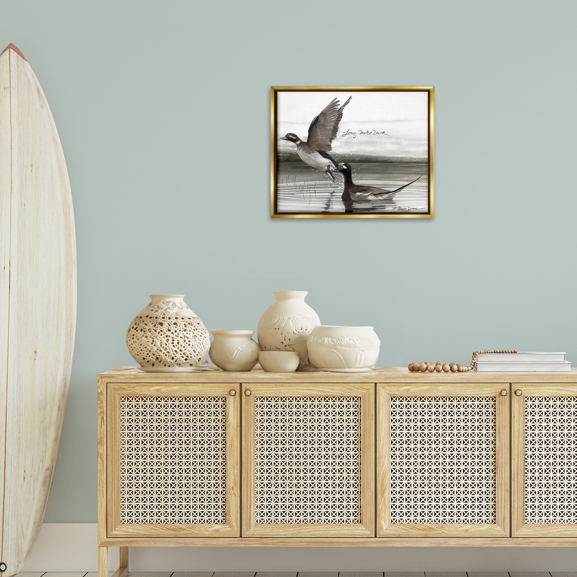 Stupell Industries Long Tailed Duck Animals & Insects Painting Gold Floater Framed Canvas Art Print Wall Art, 21 x 17