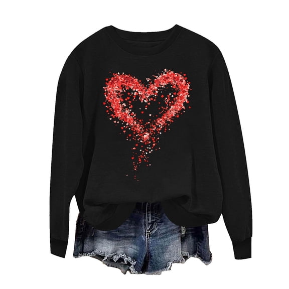 SELONE Valentine's Day Long Sleeve Shirts Women Heart Print Pullover Crewneck Sweatshirt Fashionable Tops Black XS