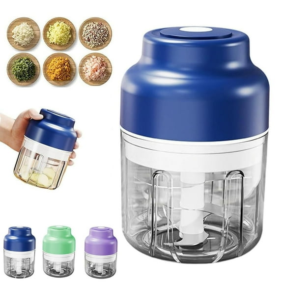 Electric Mini Garlic Chopper Set, Multi-functional Portable Vegetable Cutter Set, Wireless Veggie Grinder, 320ML Rechargeable Small Food Processor for Chili Onion Ginger Celery(Blue)