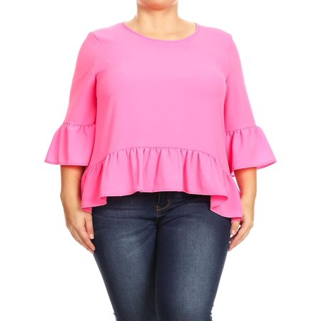 Ruffle Bell Sleeve MOA COLLECTION Women's Plus Size Solid Casual Hi-Low Ruffle Hem 3/4 Bell Sleeve Loose Fit Top Blouse ()