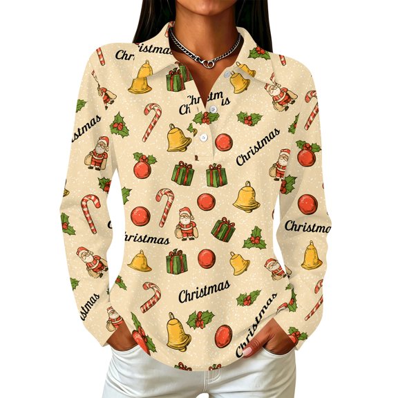 LRGSHF Holiday Tops for Women Long Sleeve Christmas Graphic Blouses Trendy Notched Lapel Xmas Pullover Spring Fall Lounge Outfit Yellow XL