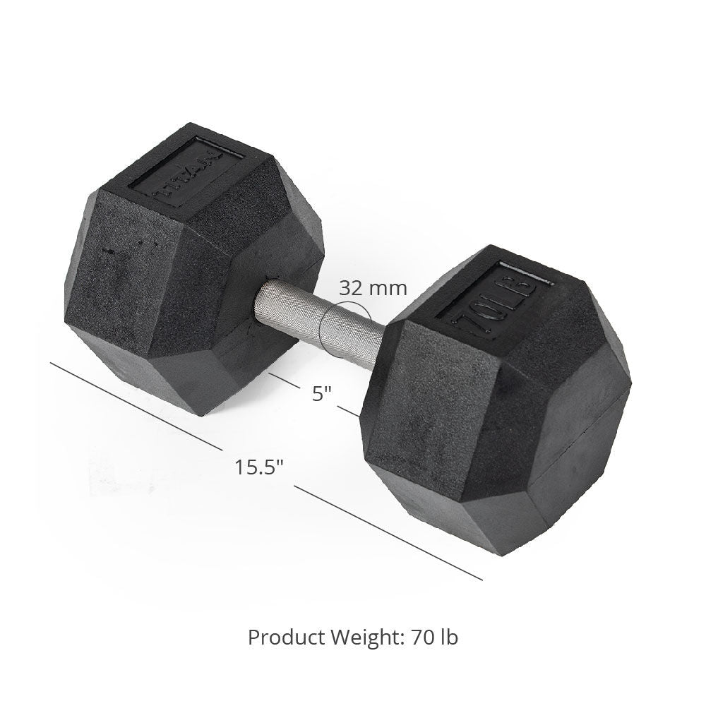 Titan Fitness 70 LB Pair Free Weights, Black Rubber Coated Hex Dumbbell, Straight Stainless Steel Handle, Strength Training, Full Body Workout