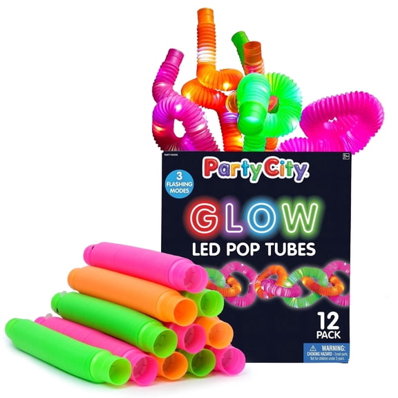 Party City Glow Light Up Pop Tubes, Bright LED Lights, 3 Flash Modes, Vibrant Colors 12pk (Pink,Orange,Green)