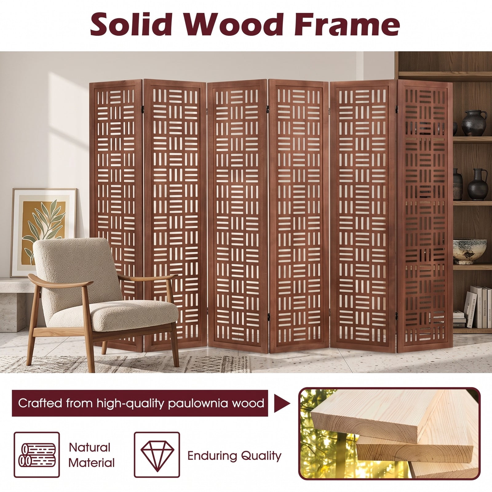 ALPULON 6-Panel Solid Wood Room Divider Folding Partition Screen, Freestanding Paulownia Wood Privacy Panel with Cut-Out Pattern for Living Room Bedroom Office, Walnut