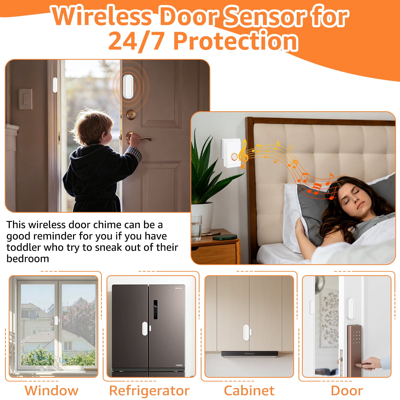 GREENCYCLE Doors Chime for Business When Enter, Doors Sensor with Chime, Wireless door bell for Home with LED Indicators 600 Ft Long Range, 48 Chimes, 5 Volume Levels, 2 Receiver and 4 Sensor