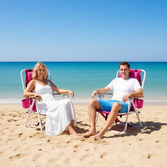 Folding Beach Chair Set of 2 for Adults 4Position Reclining Portable Backpack Camping Chair with Headrest Wooden Armrests Cup Holder Heavy Duty Steel Frame 265lbs Capacity Pink Outdoor Travel Lounge