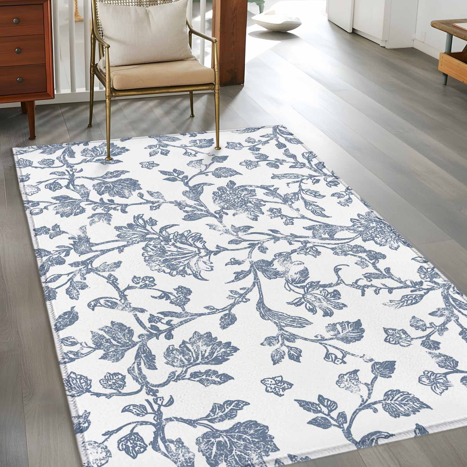 Non-Slip Rug Pad Rugs Vintage Farmhouse Flowers Rectangle Area Rugs 4x6Ft Soft Carpet Pads for Living Room Kids Room Pastoral Blue Floral