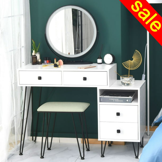 Chair Stool Vanity Desk Mirror, Small White Vanity Desk With Drawers