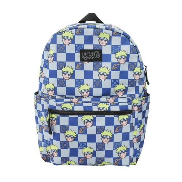Naruto 17" Blue & White Checkered Backpack with Naruto Uzumaki Faces and Konoha Symbol