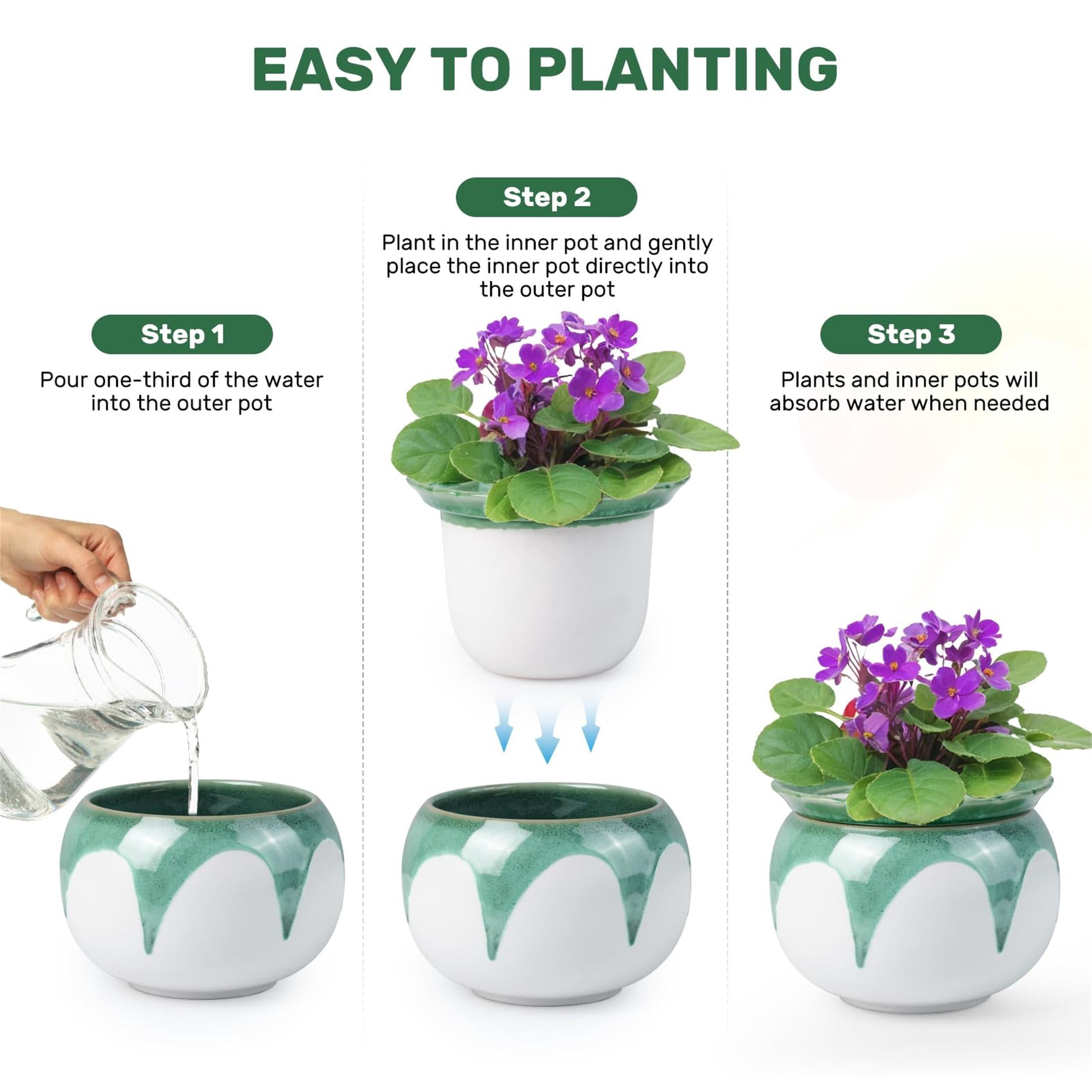 BUYMAX 6" Ceramic Self Watering Pots for Indoor Plants, African Violet Pots, Jade Green Reactive Glaze, Handcrafted Artisan Flower Pot