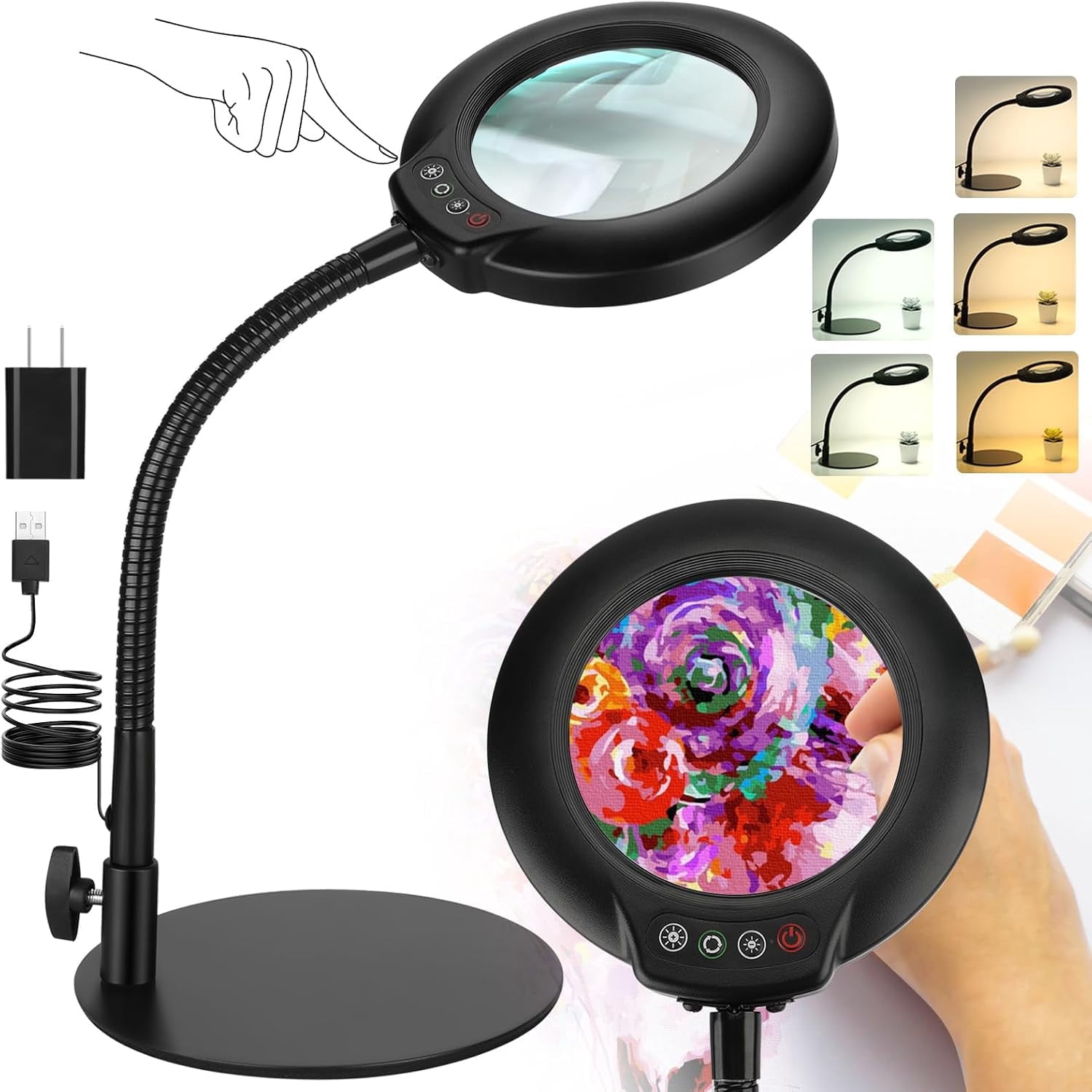 LED Magnifying Glass with Light, Flexible Gooseneck Hands Free Desk Lamp,5 Color Modes Stepless Dimmable, Stand Lighted Magnifier for Crafts Sewing Reading Painting