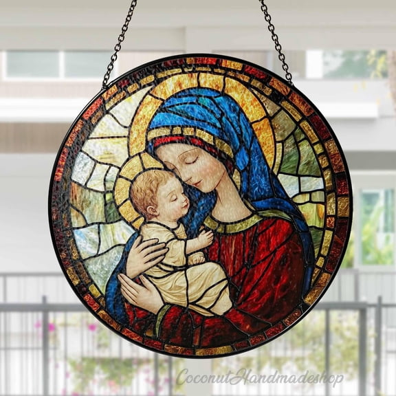 New Virgin Mary Stained Glass Suncatcher, Mary and Jesus Suncatcher, Christian Home Decor, Catholic Window Hanging, Virgin Mary and Child
