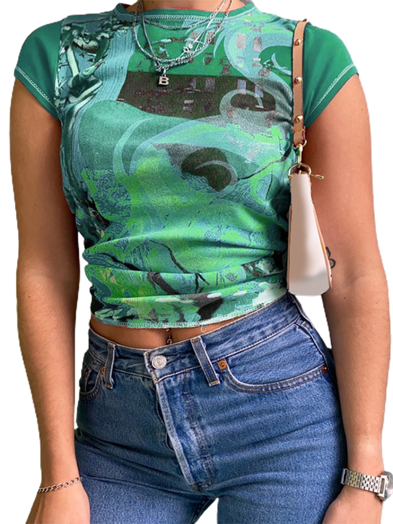 Farrubbyine8 Women Y2K Crop Tops Graphic Slim Fit Causual Print T-Shirt  Streetwear