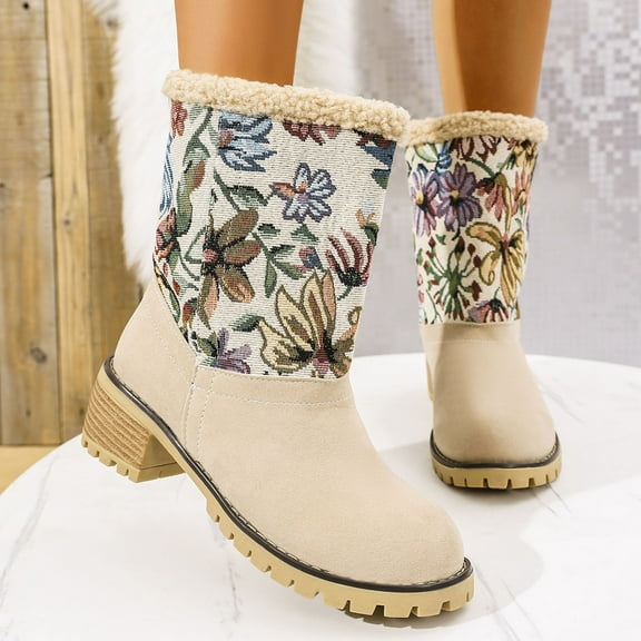 Boots for Women Low Chunky Heel Round Toe Printed Warm Shoes Womens Winter Trendy Thick Heel Fashion Boots Beige 6.5