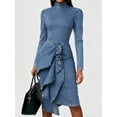 thumbnail image 2 of Women's Blue Denim Midi Length with Asymmetric Line Midi Dress for Wedding Guest, Prom and Evening Party, 2 of 9