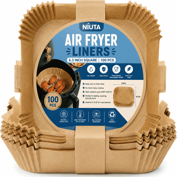 NIUTA® Air Fryer Liners Disposable, 100 Pcs 6.3 Inch Square Air Fryer Paper Liners with Easy-Lift Tabs, Food Grade Non-Stick Oil-Proof Parchment Paper for Air Fryer Basket, 3-5 QT, Baking & Roasting