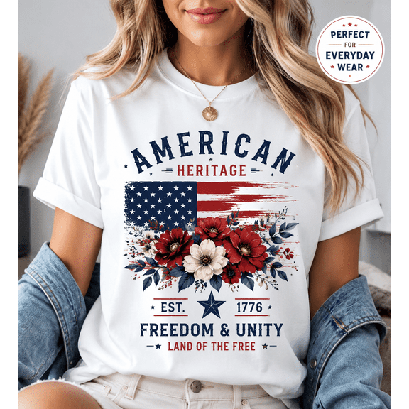 Vintage American Heritage Floral Flag T-Shirt – USA 1776 Freedom Unity Patriotic Graphic Tee for Women
