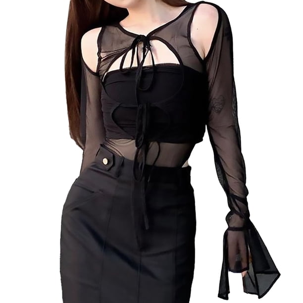Gibobby Monos de Moda Mono de dos piezas de malla de primavera para mujer con tirantes huecos acampanados de manga larga transparente Pure Desire Wind(Negro, L)