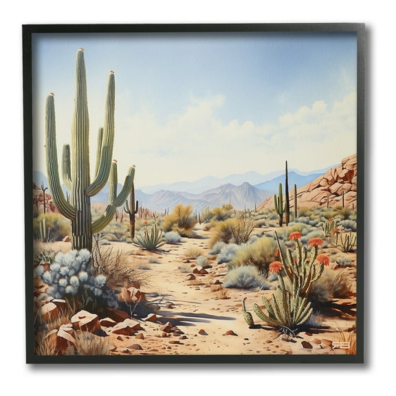 Stupell Industries Desert Cactus Path Landscape Painting Black Framed Art Print Wall Art, 12 x 12