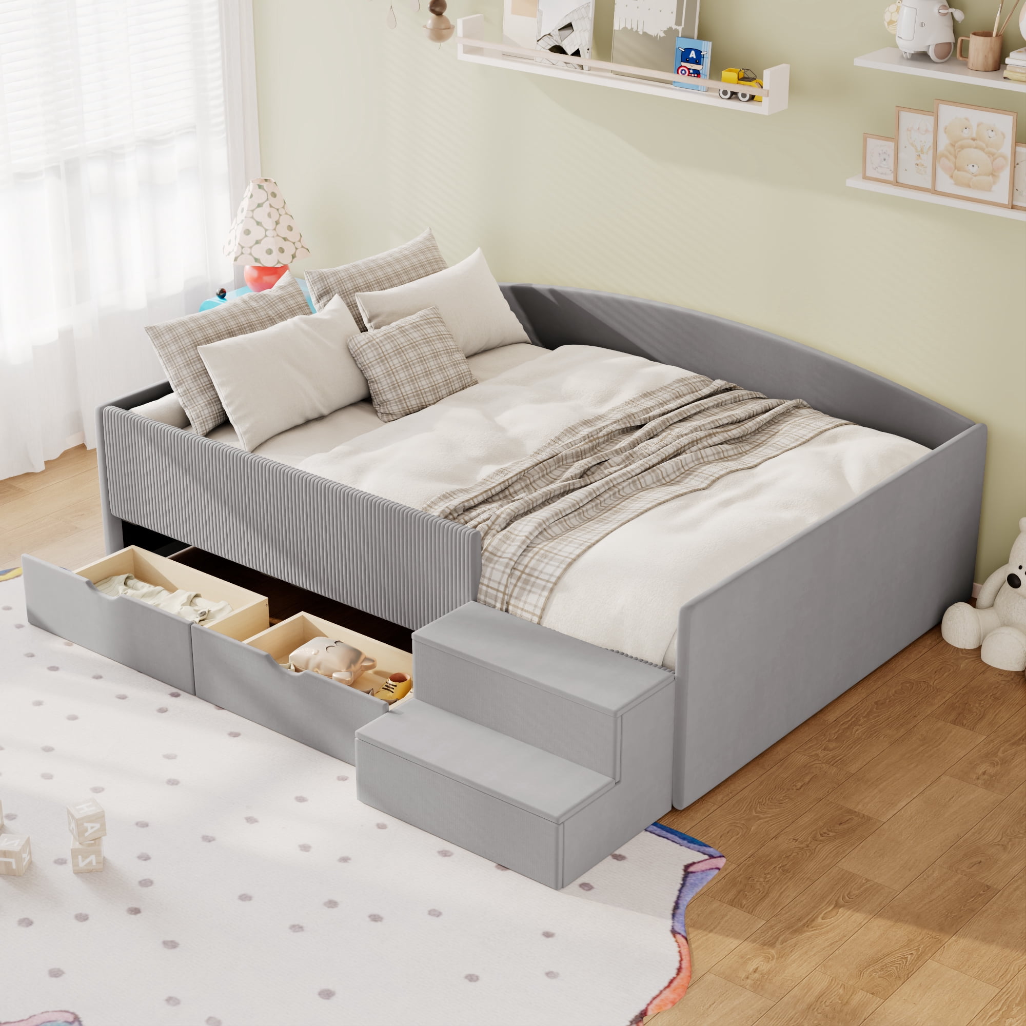 Mintazer Full Size Cute Upholstered Floor Daybed Frame with Safety Guardrail & 2 Storage Drawers & Stairs for Teens Kids, Gray