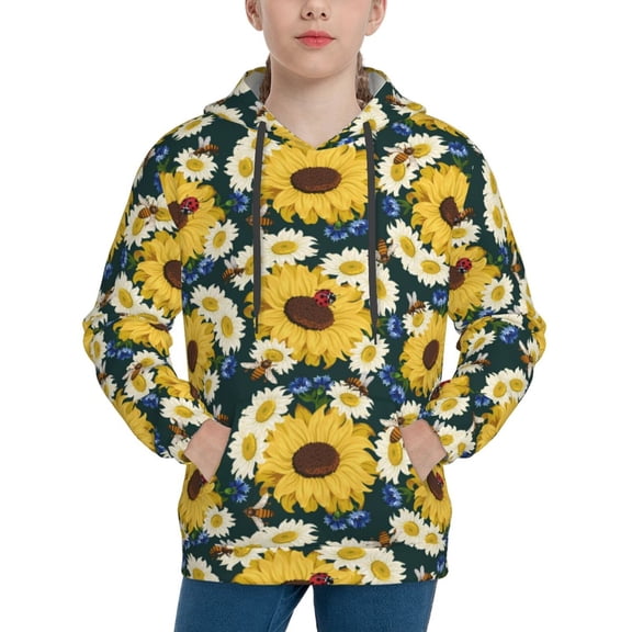 Picia Insects Of Flowers Pattern Youth Hoodie - Warm Pullover Sweatshirt with Kangaroo Pocket, Ideal for Boys and Girls-Medium