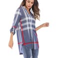 thumbnail image 2 of Chemise à Carreaux Manches 3/4 pour Femmes Tunique Col en V Pull Décontracté Blouses Tops, 2 of 7