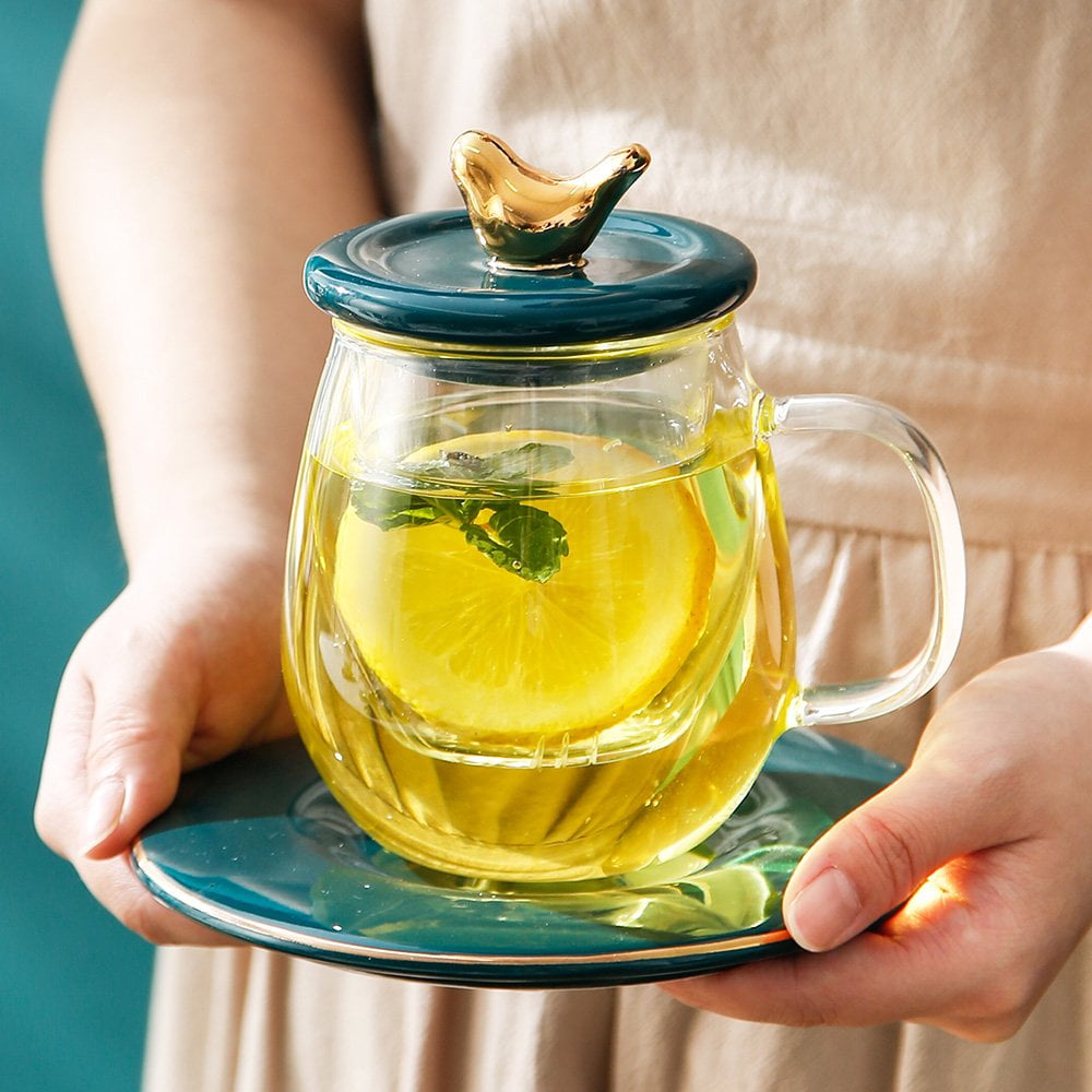 Glass Teacup With Handle Ceramic Lid Saucer Transparent Filter Flower