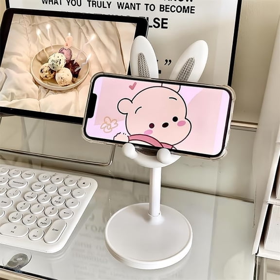 Cell Phone Stand for Desk, Cute Adjustable Phone Stand with Anti Slip Pad, Bunny Ears Designed Holder for All Mobile Phones Tablets, Office Home Desktop Accessories, White