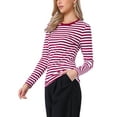 thumbnail image 4 of INSPIRE CHIC Women's Striped Top Long Sleeve Crew Neck Slim Fit Cotton Fitted Tee M Deep Red Stripe, 4 of 6