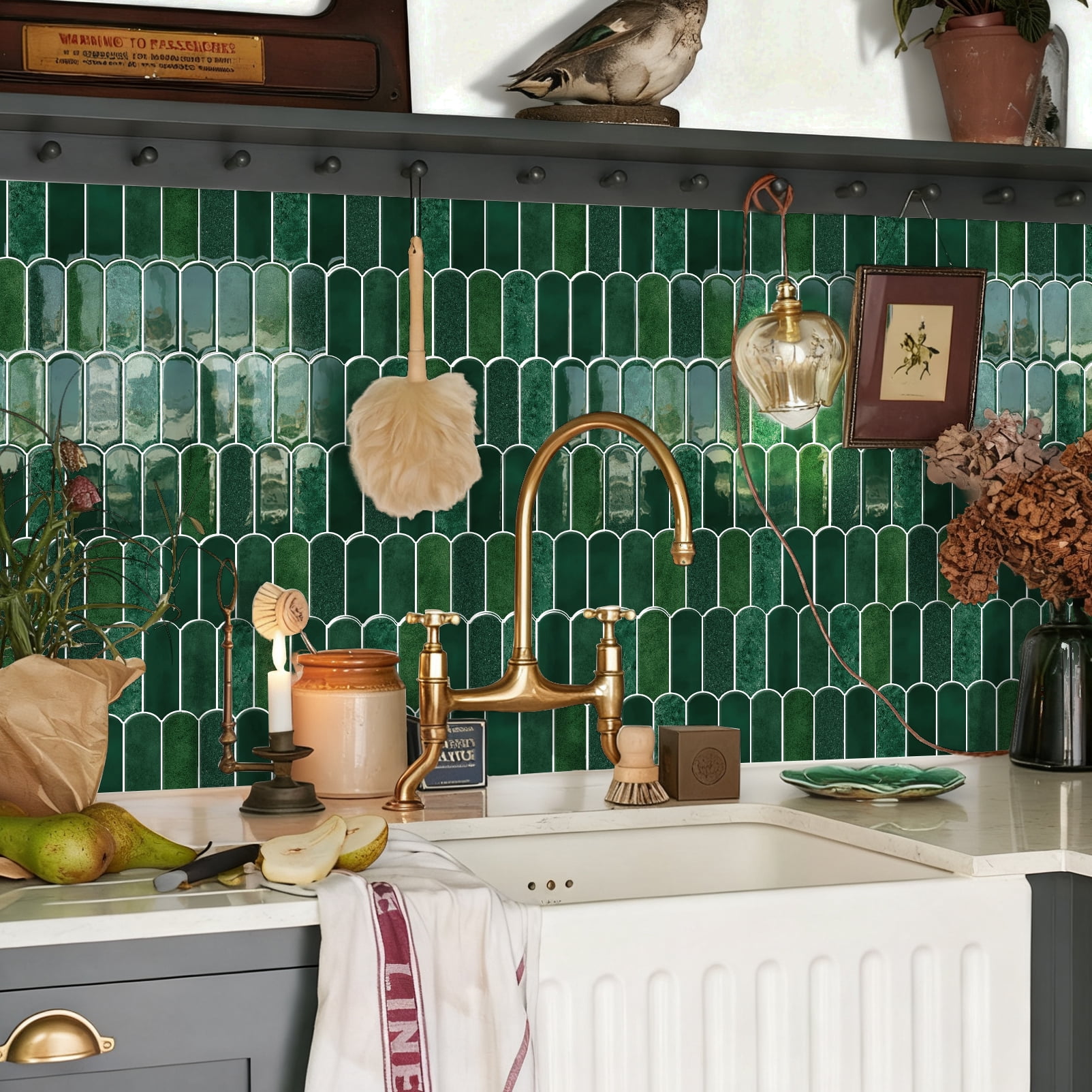 DEWOO 10-Sheet Upgraded Thicker Peel and Stick Kitchen Backsplash Tiles,Waterproof Self-Adhesive Vinyl Wall Tile Fish Scale Mosaic Design,for Bathroom,Fireplace and RV(Dark Green,12"×12")