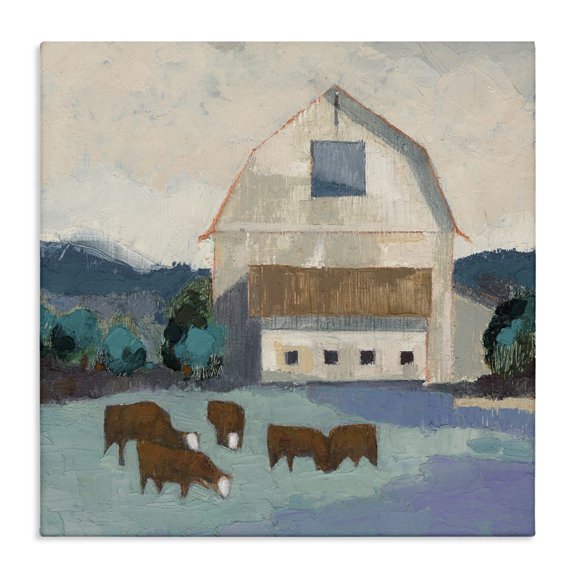 Stupell Industries Barnyard Grazing Cattle Landscape Painting Gallery Wrapped Canvas Art Print Wall Art, 30 x 30