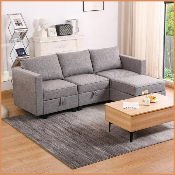 3-Seater L-Shaped Modular Sectional Sofa with Storage - Soft Terry Fabric, Dark Grey for Living Room