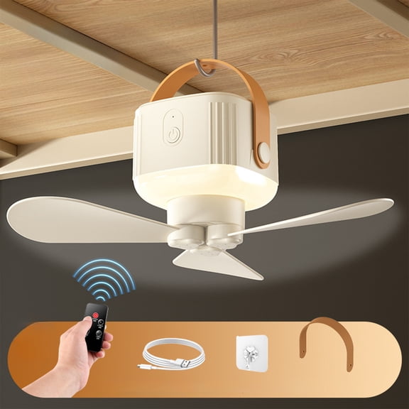 COM1950s Rechargeable Ceiling Fan with LED Light, Remote Control Portable Tent Fan Outdoor, USB Battery Powered Hanging Fan for Camping, Desk and Home Use