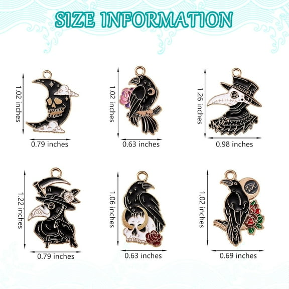 Alloy Enamel 6Pcs 6 Style Raven Enamel Charms Metal Gothic Bird Skull Charms Metal Dangle Witchy Pendant Charms Bulk for DIY Necklace Bracelet Jewelry Crafts Making