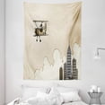 thumbnail image 1 of Vintage Airplane Tapestry, Cartoon Style Biplane in Modern City Clouds and High Rise Buildings, Wall Hanging for Bedroom Living Room Dorm Decor, 60W X 80L Inches, Tan White Grey, by Ambesonne, 1 of 2
