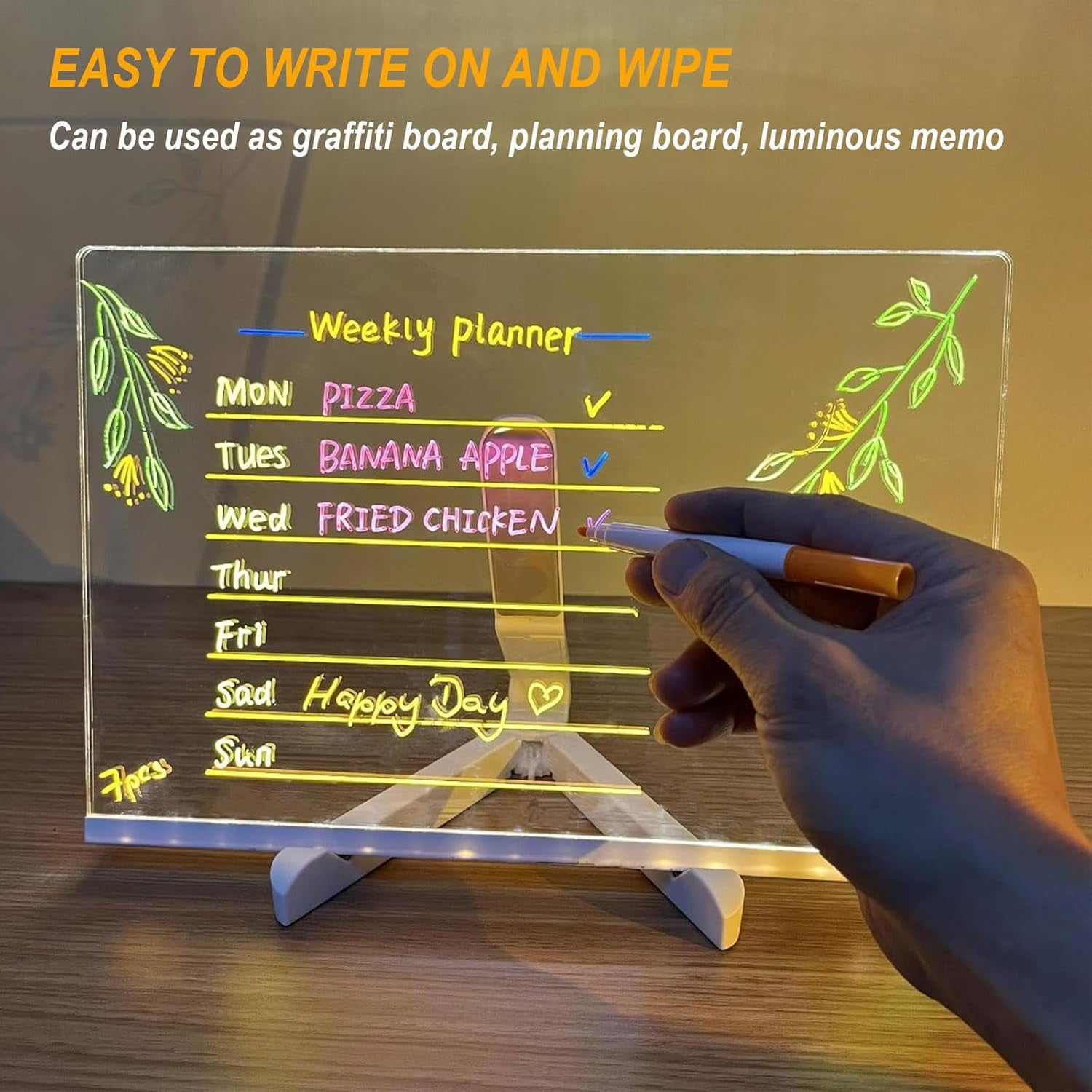 LED Note Board,Acrylic Dry Erase Board with Light,with Adjustable Stand and 7 Colors Pen,LED Illuminated Drawing Board for School Home,Gifts for Christmas, Valentine's Day