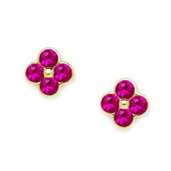 14k Yellow Gold Red Cubic Zirconia Medium 4 Petal Flower Screw-Back Earrings - Measures 8x8mm