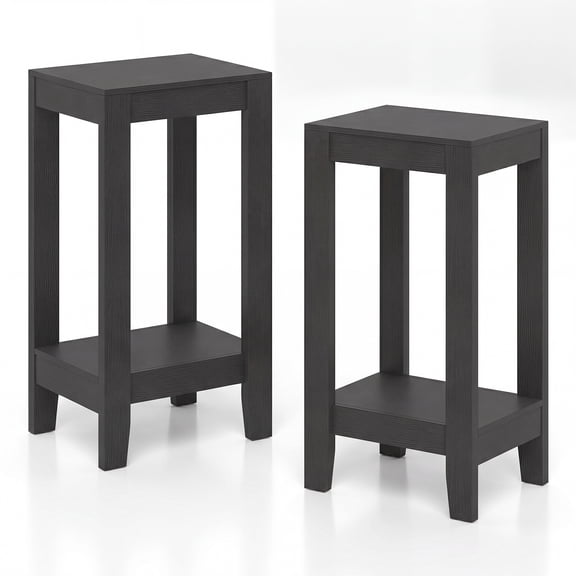 Giantex Set of 2 Tall Nightstand, 2-Tier End Table w/Wooden Legs, Sofa Bedside Table for Small Spaces, Black