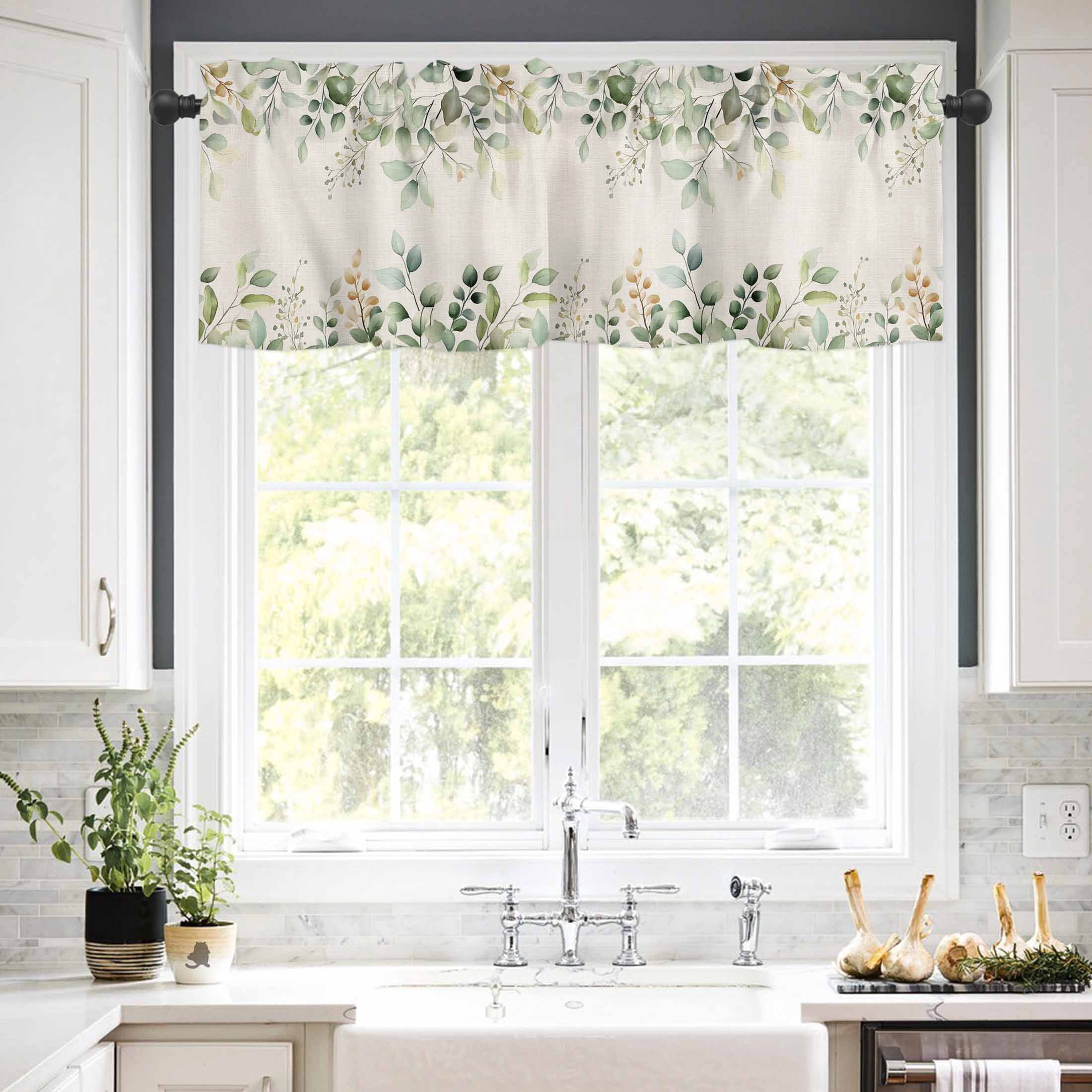 Retro Eucalyptus Leaves Valances for Windows Sage Green Leaf Summer Plants Linen Rod Pocket Curtain Valance Window Treatment Short Curtains for Kitchen Living Room, 60"x18"