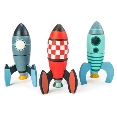 Rocket Construction Toy Set - 18 Pc Wooden Construction Set Builds 3 Rocket Ships - Made with Premium Materials and Craftsmanship - Develops Dexterity, Problem Solving and Imaginative Play -Ages 3 