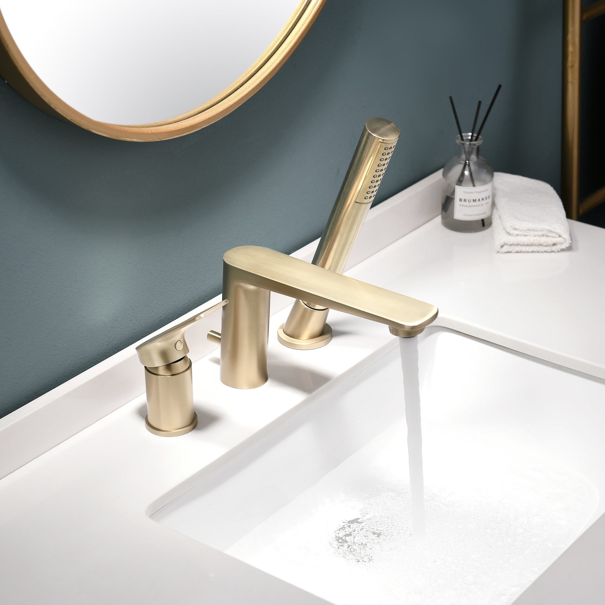 Bathroom Roman Tub Faucet, Dual Handle Deck Mounted Solid Brass Tub Filler with Hand Shower, Brushed Gold