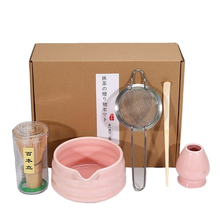 LAJFDIA 5pcs Japanese Tea Set, Matcha Bowl, Matcha Bamboo Whisk, Scoop, Sifter, Matcha Whisk Holder, Matcha whisk set, Ideal for Matcha Lovers, Pink