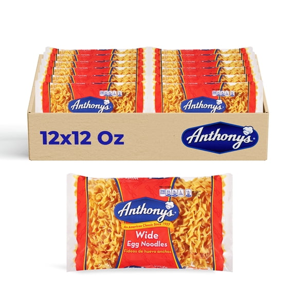 Anthony’s Wide Egg Noodles, Enriched Egg Pasta, 12-Pack (12 oz Each), Perfect for Soups & Casseroles