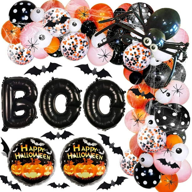 Halloween Balloon Garland Kit, 131 Pcs Black Orange Pink Confetti Balloon Arch with 3D Bats BOO