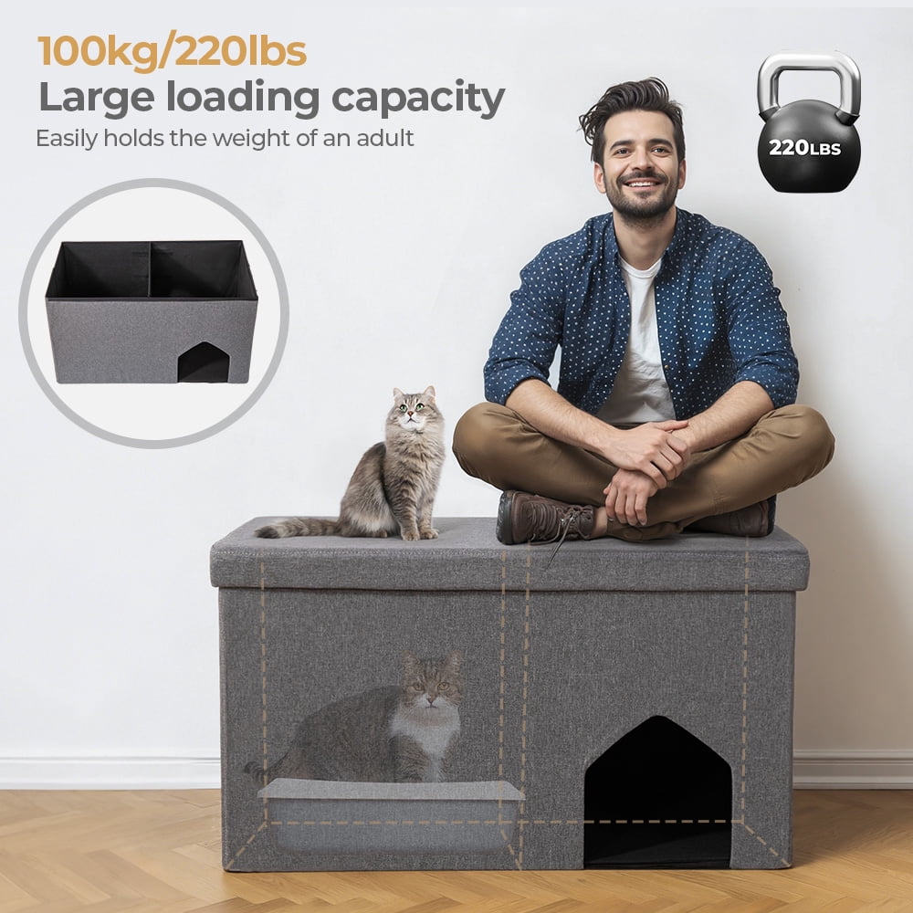 Cat Litter Box Enclosure Hidden Furniture, DOMIPET Foldable Cat Washroom Bench with Storage Space, Large Cabinet Cats Litter Ottoman for Odor Control, Dog Poof