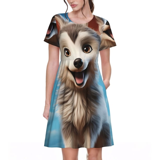 Balery Blue Sky Cute Wolf Vestidos sueltos de manga corta para mujer, vestidos de verano 2025, vestidos casuales de corte A con vuelo.