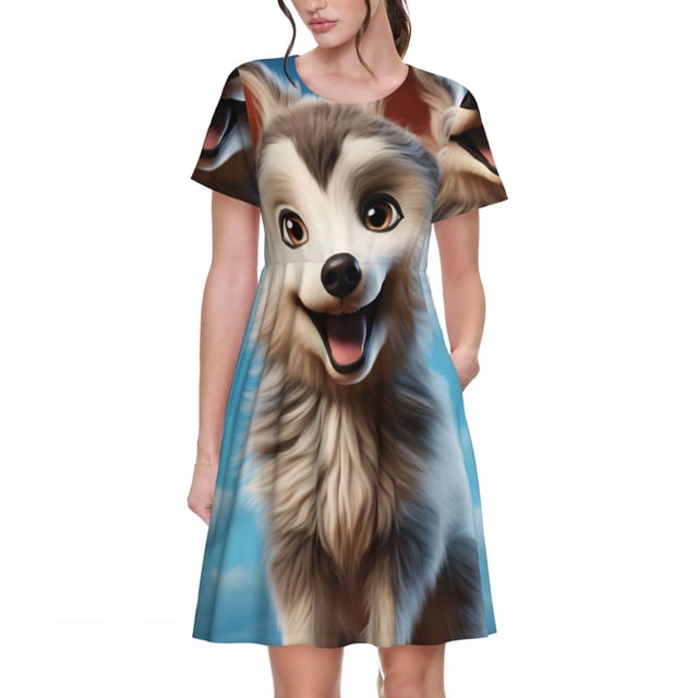 Balery Blue Sky Cute Wolf Vestidos sueltos de manga corta para mujer, vestidos de verano 2025, vestidos casuales de corte A con vuelo.
