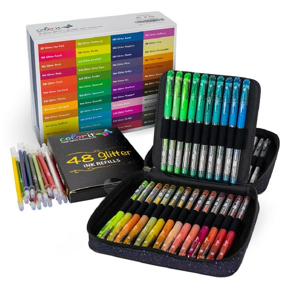 ColorIt Stylos Gel Pailletés pour Coloriage – Lot de 96 avec 48 Stylos Gel Pailletés Premium & 48 Recharges avec 1 Étui de Voyage - Couleurs Vibrantes pour Journaling, Écriture, Livres de Coloriage pour Adultes, et Projets Créatifs